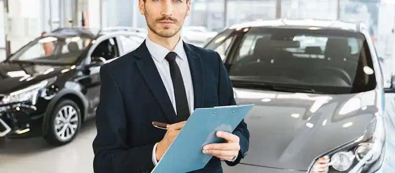 A confident car salesman in a showroom, holding a clipboard and pen.
