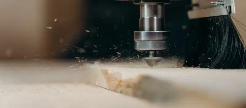 CNC machine in action, precisely cutting a wooden panel with sawdust flying.