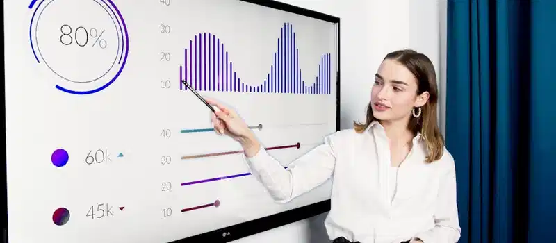 Businesswoman presenting data on a large digital screen in a modern office setting.