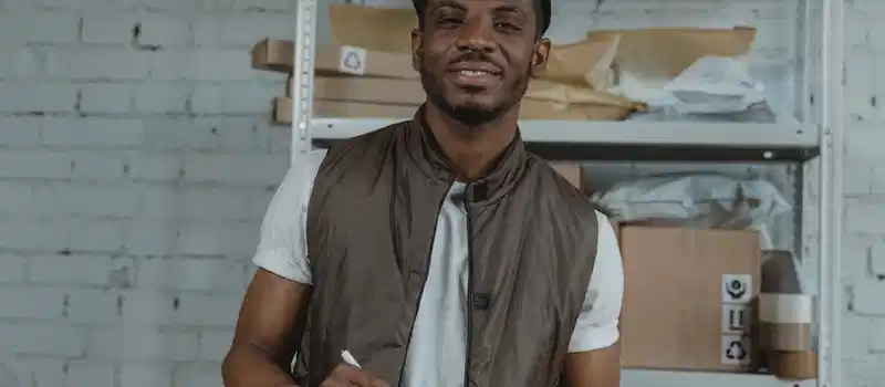 Warehouse employee holding a clipboard, surrounded by packages and smiling.
