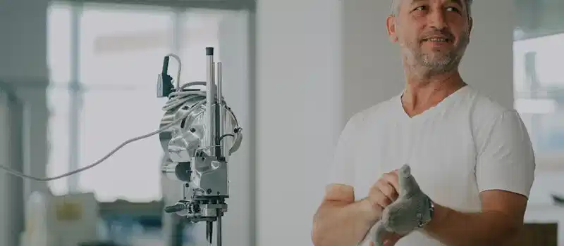 Adult man in an industrial workshop with textile machinery, preparing for work.
