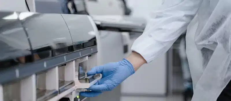 Lab technician in a white coat using equipment with precision in a sterile environment.