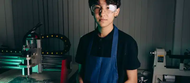 Portrait of a worker in a workshop with CNC machine, wearing safety glasses and apron.