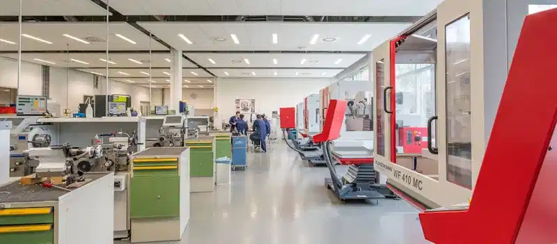 Spacious workshop with state-of-the-art machinery, highlighting industry and technology.