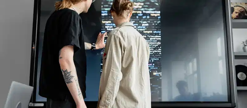 Two professionals collaborating on software development in a modern indoor setting.