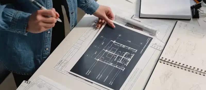 Engineer reviewing architectural blueprints on a desk with technical drawings.