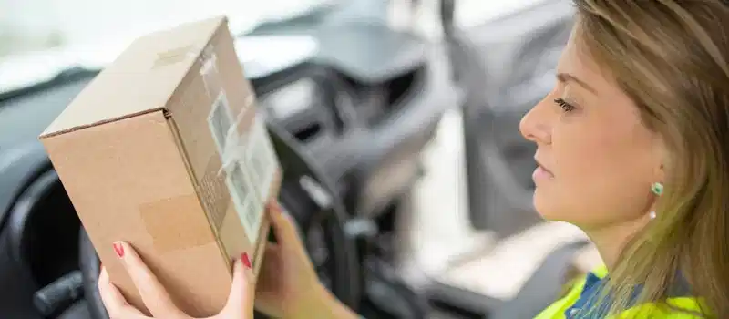 A woman courier checks a delivery package while seated inside a car, ready for distribution.