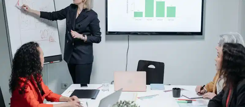 Office meeting with diverse team, discussing strategy and productivity using charts on a whiteboard and screen.