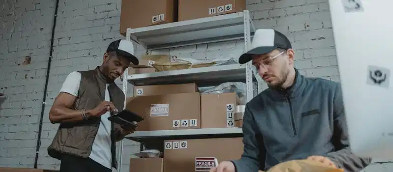 Two warehouse employees organizing and packing parcels for delivery in a modern indoor setting.