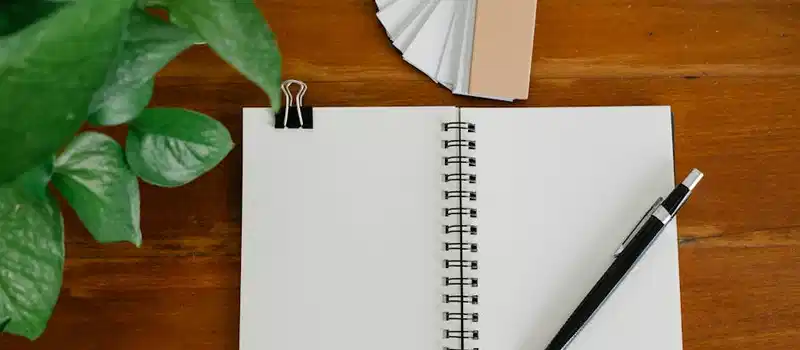 Flat lay of a minimalist workspace with a notebook, pen, and plant on a wooden desk.