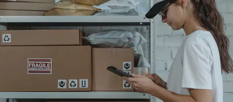 A female courier in uniform managing packages with a device in a storage room.