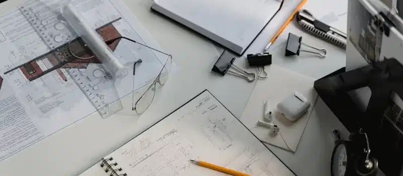 A busy architectural workspace featuring blueprints, sketches, and drafting tools.
