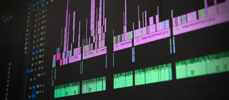 Close-up of a professional audio and video editing software interface with waveform displays.