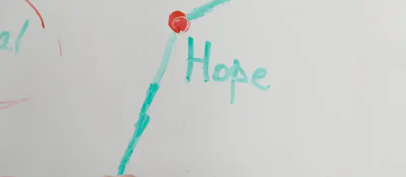 Close-up of a hand drawing on a whiteboard, illustrating hope with colorful markers.