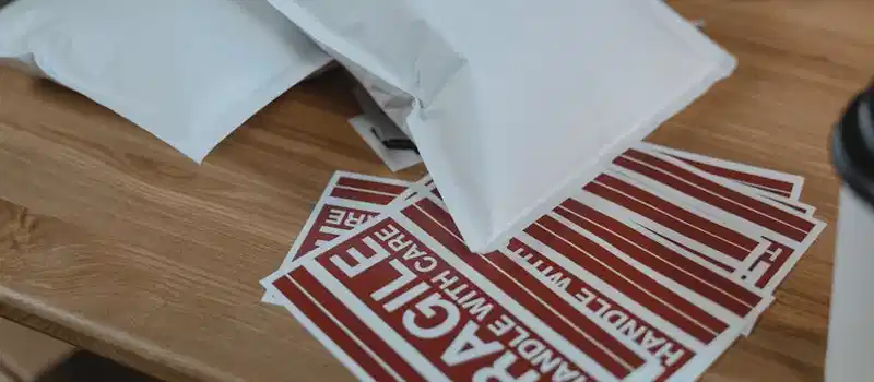 Close-up view of mailing supplies with fragile stickers on a wooden table.