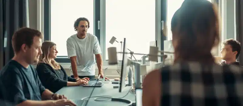 A diverse team engaged in discussion during a collaborative office meeting.