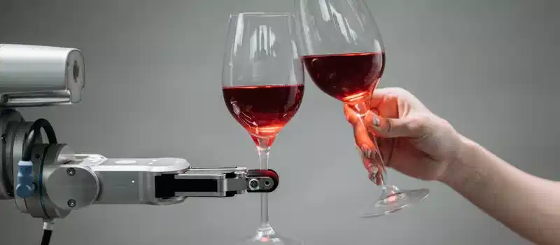 A robot and a human hand clinking glasses of red wine, symbolizing technology and celebration.