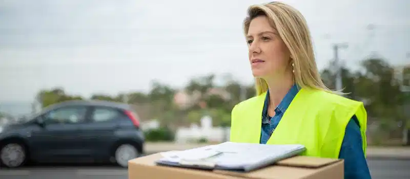 Professional delivery woman outdoors holding a package. Efficient service with a smile.