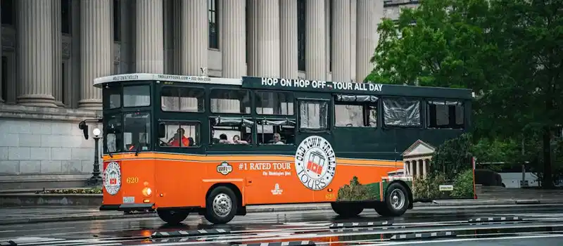A vibrant tour bus navigating wet streets in front of historical architecture in Washington DC.