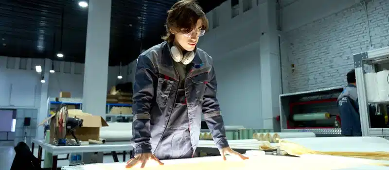 Industrial worker analyzing designs under a bright light in a modern factory environment.