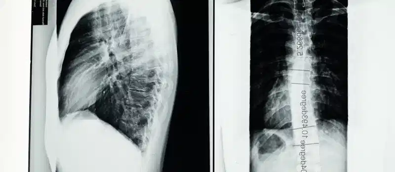 High-resolution X-ray showing a detailed examination of human spine with scoliosis.