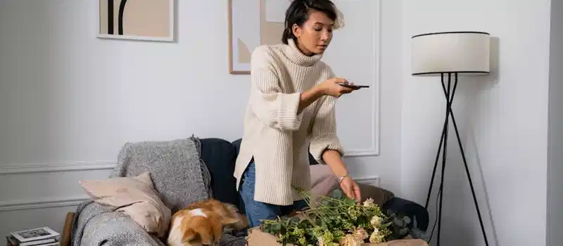 A woman arranges flowers while her corgi rests nearby on a couch in a stylish living room.
