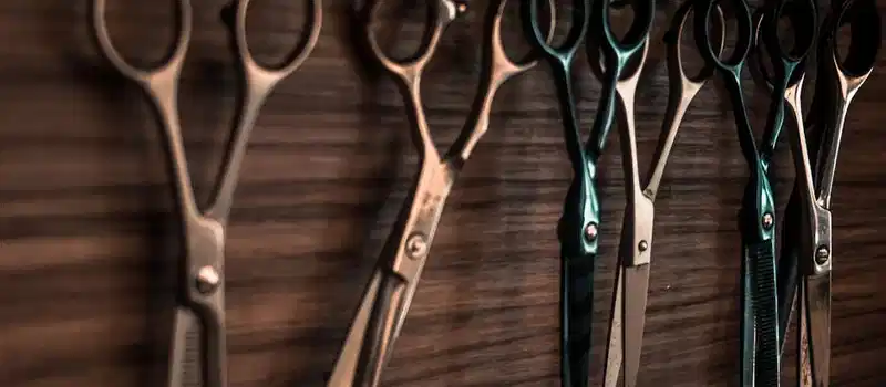 A collection of vintage barber scissors hanging on a wooden wall, showcasing sharp tools for hair cutting.