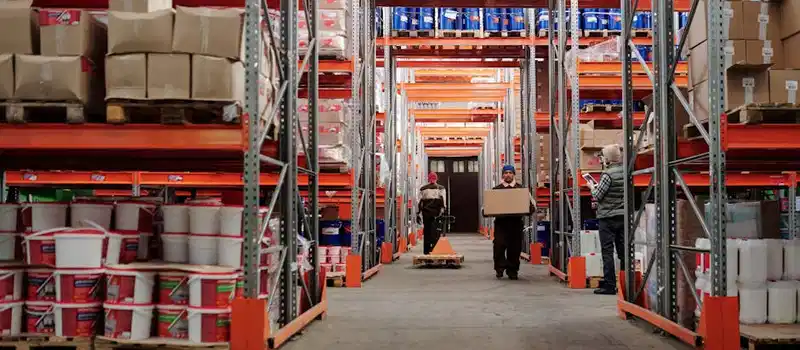 Warehouse interior showing workers handling boxes and organized shelves filled with products.