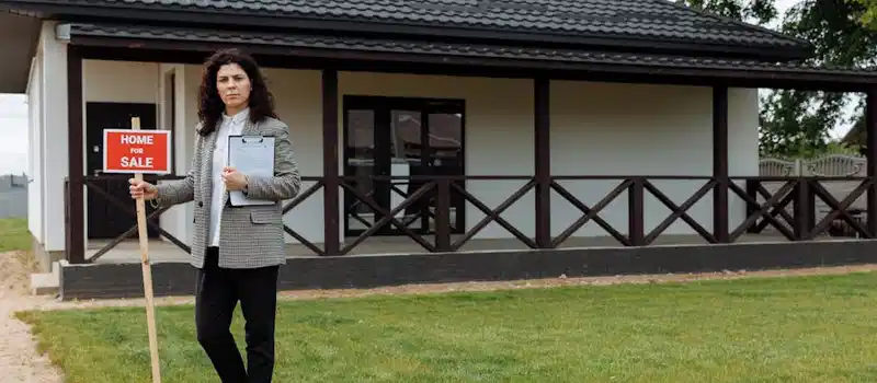 Real estate agent standing outside a house with a 'Home for Sale' sign on a grassy lawn.