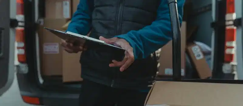 Courier uses clipboard to manage parcel delivery from van load.